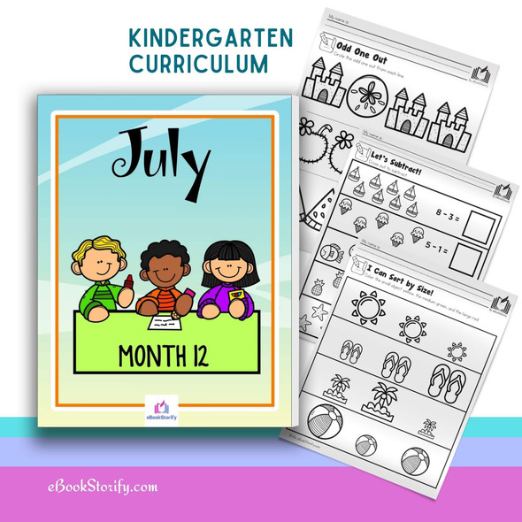 Kindergarten July curriculum with 100 pages of summer review activities preventing summer slide for homeschooling and classroom teacher