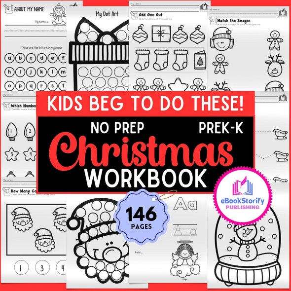 No-prep Christmas workbook with 146 activities for preschool PreK and kindergarten homeschool and classroom