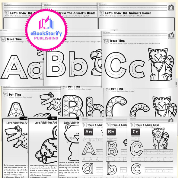 Uppercase and lowercase letter tracing handwriting pages with animal coloring illustrations for preschool and kindergarten classrooms
