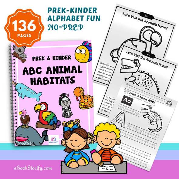 PreK kindergarten animal alphabet workbook 163 pages with handwriting tracing dot marker and habitat pages for ages 3 to 6