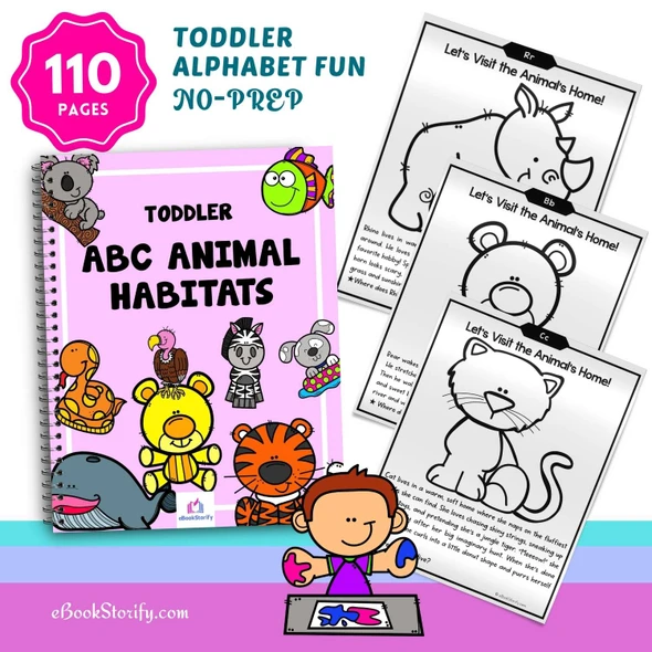 Toddler animal alphabet workbook 110 pages with tracing dot marker animal sounds and habitats for ages 2 to 4
