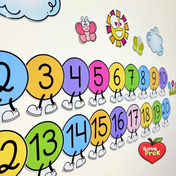 Assembled number caterpillar display on classroom wall with colorful segments from 0 through 20