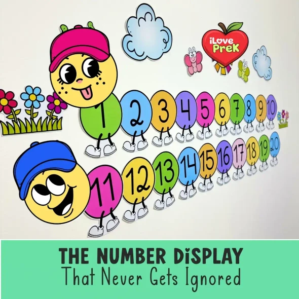 Number caterpillar wall display showing segments 0 to 20 for preschool and kindergarten classrooms