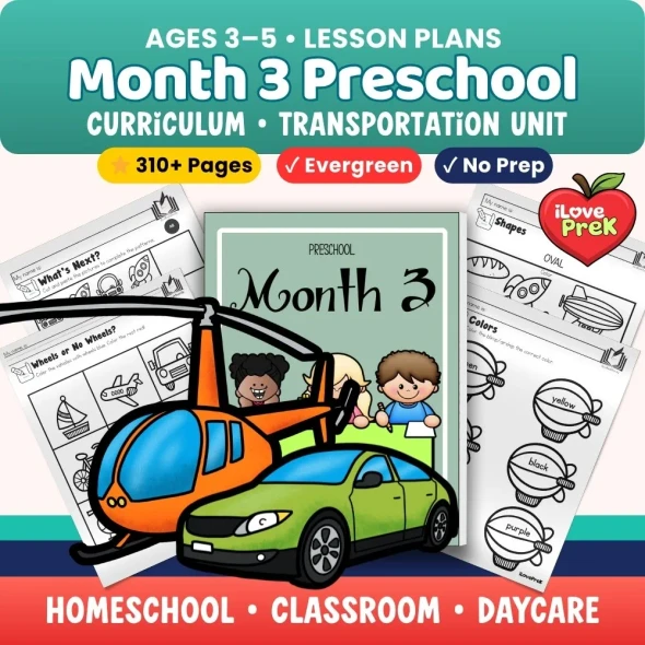 Transportation preschool unit 310-page lesson plans no-prep worksheets vehicles science fine motor PreK homeschool ages 3-5