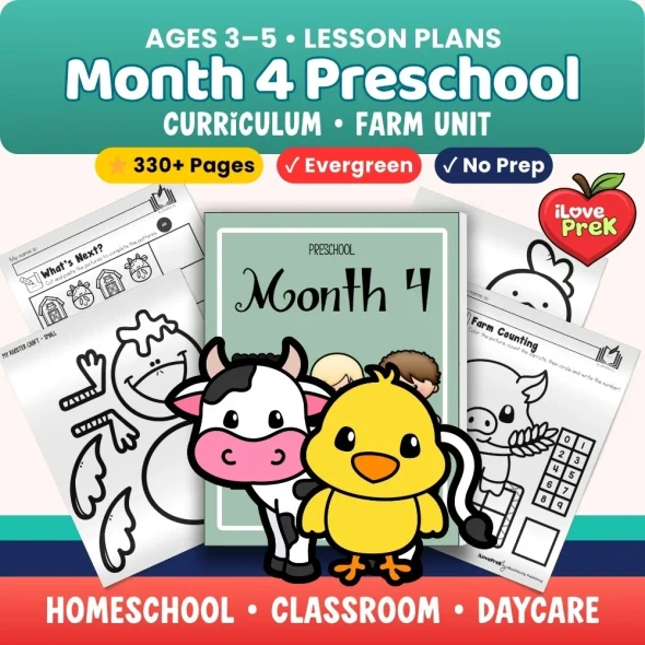 Farm preschool unit 330-page kindergarten readiness no-prep worksheets animal life cycles fine motor PreK homeschool ages 3-5