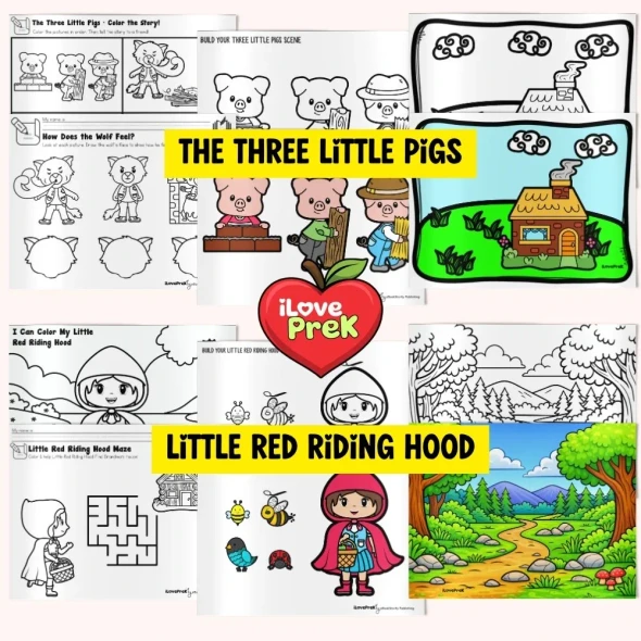 Fairy tale preschool unit no-prep worksheets three little pigs and little red riding hood phonics fine motor PreK classroom ages 3-5