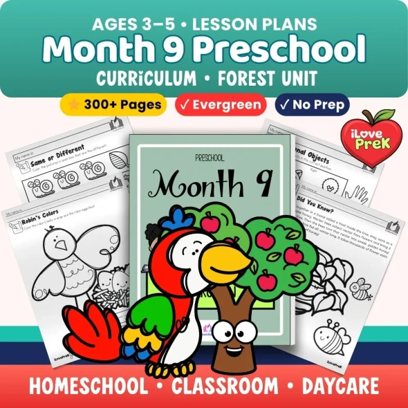 Forest preschool unit 300-page no-prep PreK TK curriculum worksheets earth conservation 3D shapes amphibian life cycles fine motor ages 3-5