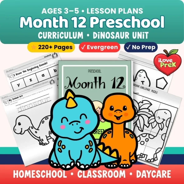 Dinosaur preschool unit 220-page kindergarten prep no-prep worksheets alphabet review numbers shapes fine motor PreK homeschool ages 3-5
