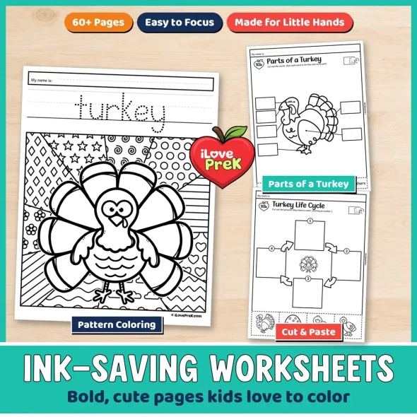 Black and white turkey life cycle worksheets with pattern coloring and cut and paste sequencing.