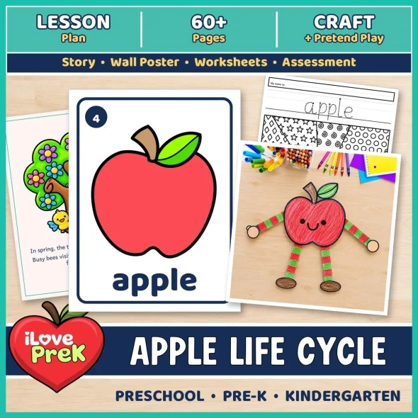 Apple life cycle unit for preschool, pre-K and kindergarten with lesson plan, 60+ printable pages and Apple Buddy craft.