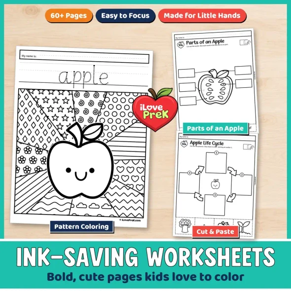 Black and white apple life cycle worksheets with pattern coloring and cut and paste sequencing.
