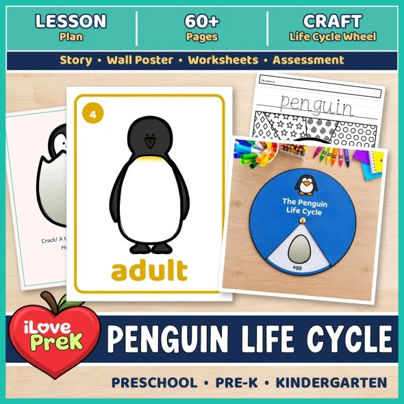 Penguin life cycle unit for preschool, pre-K and kindergarten with lesson plan, 60+ printable pages and life cycle wheel craft.