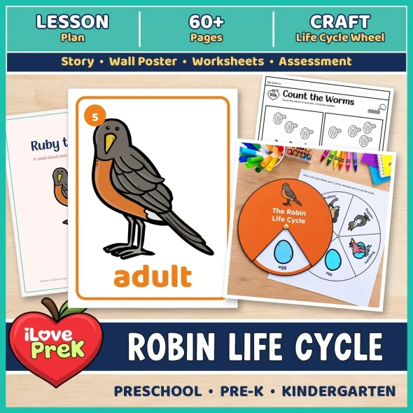 Robin life cycle unit for preschool, pre-K and kindergarten with lesson plan, 60+ printable pages and life cycle wheel craft.