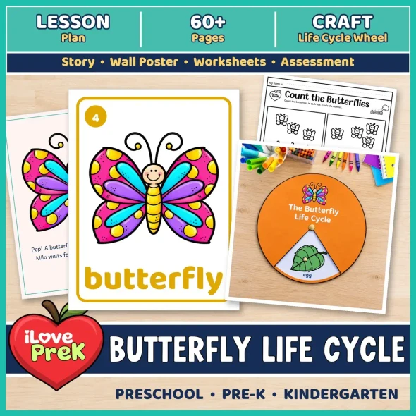 Butterfly life cycle unit for preschool, pre-K and kindergarten with lesson plan, 60+ printable pages and life cycle wheel craft.