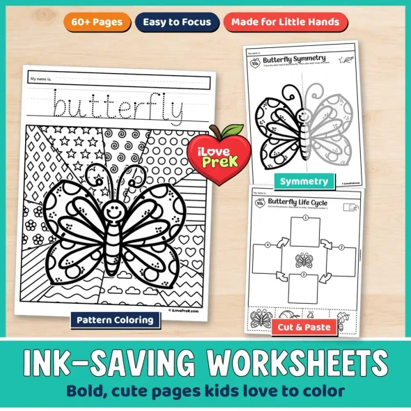 Black and white butterfly life cycle worksheets with pattern coloring and cut and paste sequencing.
