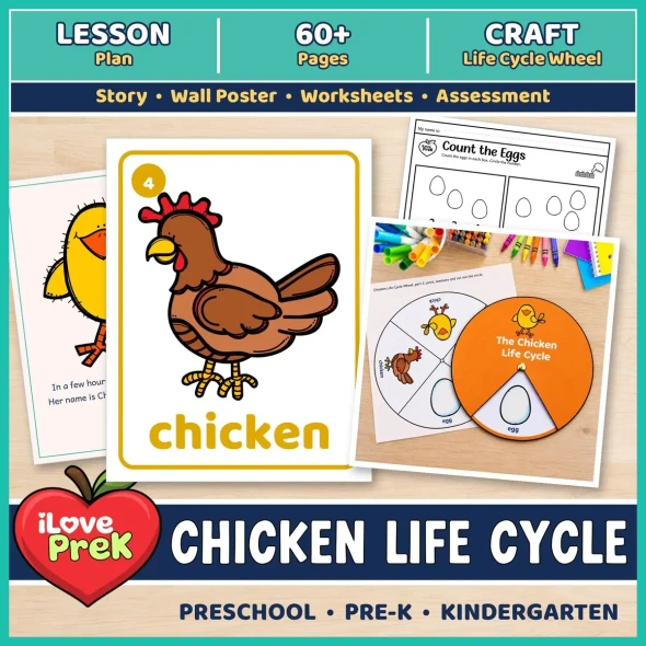 Chicken life cycle unit for preschool, pre-K and kindergarten with lesson plan, 60+ printable pages and life cycle wheel craft.