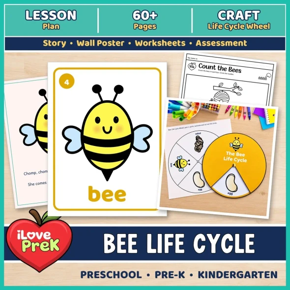 Bee life cycle unit for preschool, pre-K and kindergarten with lesson plan, 60+ printable pages and life cycle wheel craft.