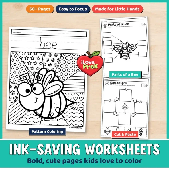 Black and white bee life cycle worksheets with pattern coloring and cut and paste sequencing.