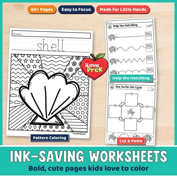 Black and white sea turtle life cycle worksheets with pattern coloring and cut and paste sequencing.