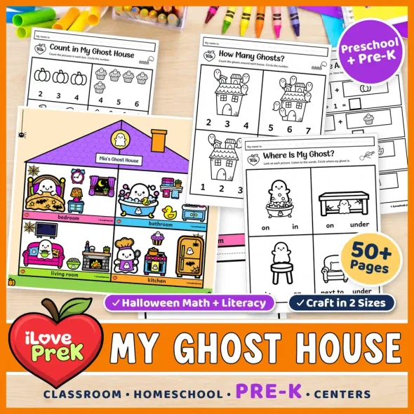 My Ghost House Halloween math and literacy unit for preschool and Pre-K, with the ghost house craft and easy worksheets.