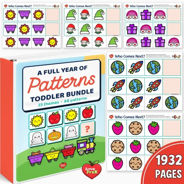 Toddler AB Patterns Bundle binder: a full year of cut and paste pattern train pages in 23 themes.