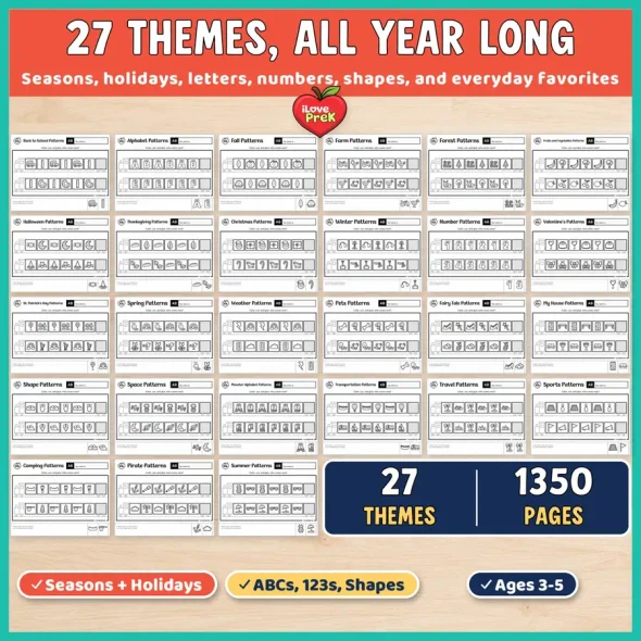 27 preschool pattern themes all year long: seasons, holidays, letters, numbers, shapes and everyday favorites.