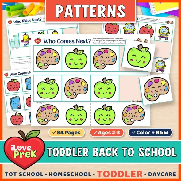 Back to School AB patterns for toddlers: cut and paste Who Comes Next? pattern train pages for ages 2 to 3.