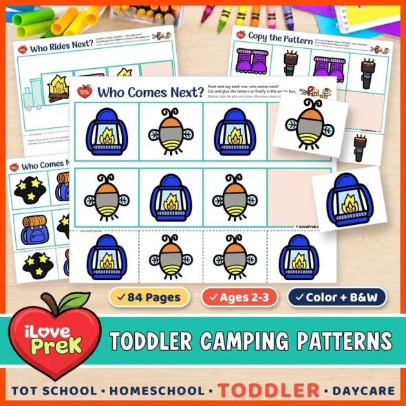 Camping AB patterns for toddlers: cut and paste Who Comes Next? pattern train pages for ages 2 to 3.