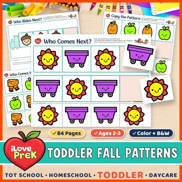 Fall AB patterns for toddlers: cut and paste Who Comes Next? pattern train pages for ages 2 to 3.