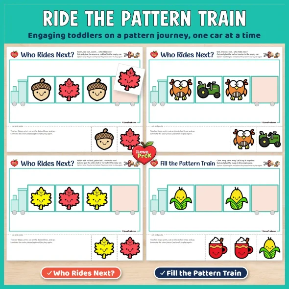 Ride the pattern train: Fall Who Rides Next? and Fill the Train pages for toddlers.