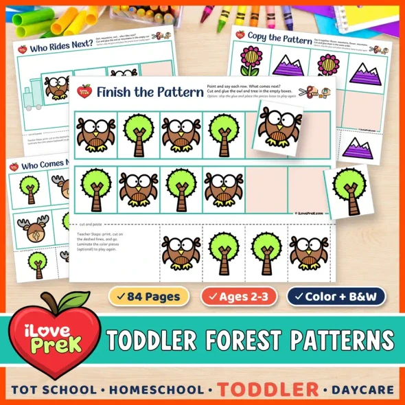 Forest AB patterns for toddlers: cut and paste Who Comes Next? pattern train pages for ages 2 to 3.