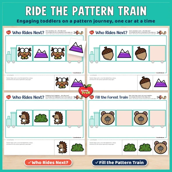 Ride the pattern train: Forest Who Rides Next? and Fill the Train pages for toddlers.