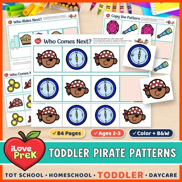 Pirate AB patterns for toddlers: cut and paste Who Comes Next? pattern train pages for ages 2 to 3.