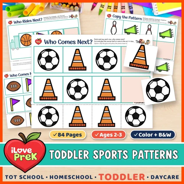 Sports AB patterns for toddlers: cut and paste Who Comes Next? pattern train pages for ages 2 to 3.