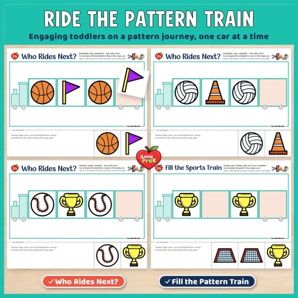 Ride the pattern train: Sports Who Rides Next? and Fill the Train pages for toddlers.