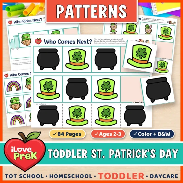 St. Patrick's Day AB patterns for toddlers: cut and paste Who Comes Next? pattern train pages for ages 2 to 3.