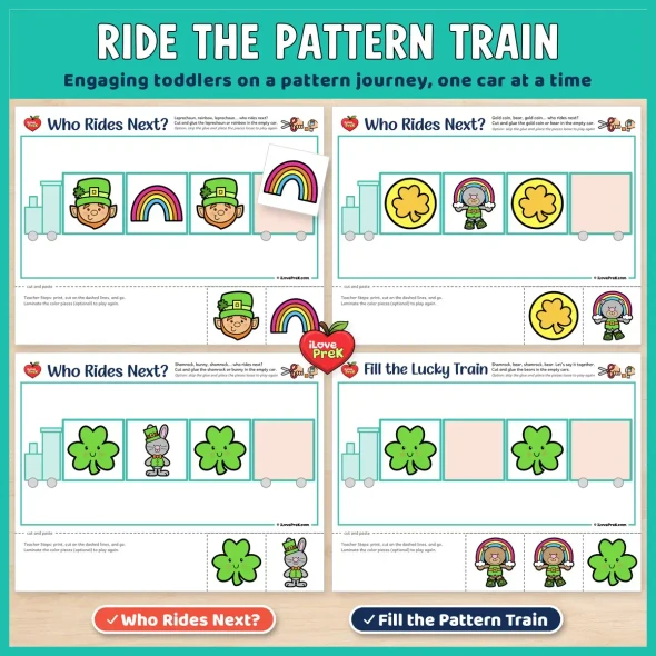 Ride the pattern train: St. Patrick's Day Who Rides Next? and Fill the Train pages for toddlers.
