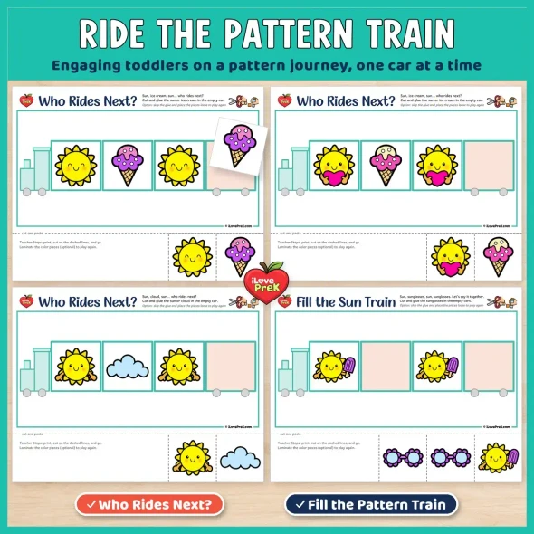 Ride the pattern train: Summer Who Rides Next? and Fill the Train pages for toddlers.