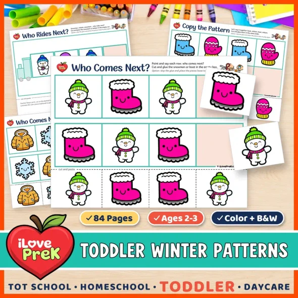 Winter AB patterns for toddlers: cut and paste Who Comes Next? pattern train pages for ages 2 to 3.