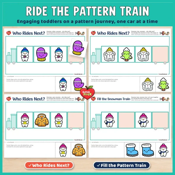 Ride the pattern train: Winter Who Rides Next? and Fill the Train pages for toddlers.