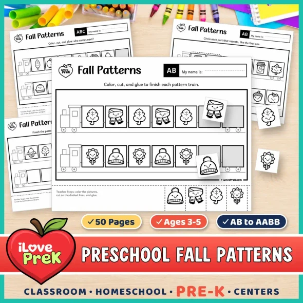 Fall patterns for preschool and Pre-K: cut and paste pattern train pages from AB to AABB.