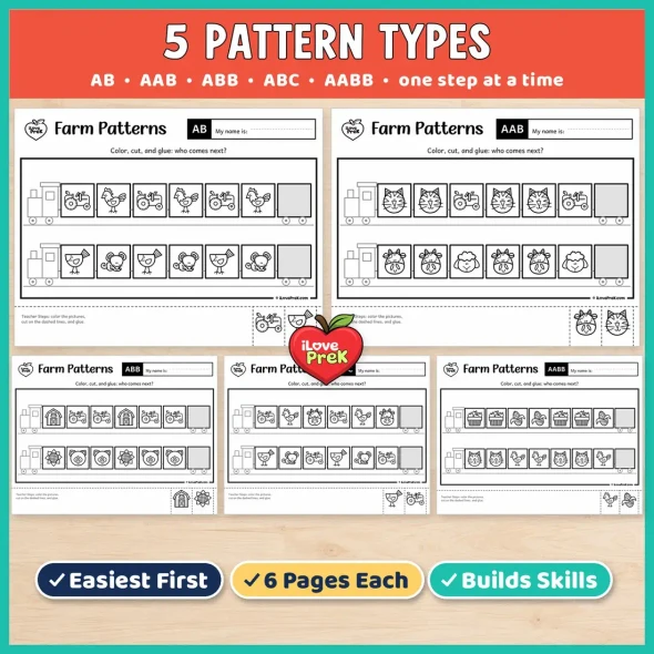 Five pattern types in the Farm preschool pack: AB, AAB, ABB, ABC and AABB, one step at a time.