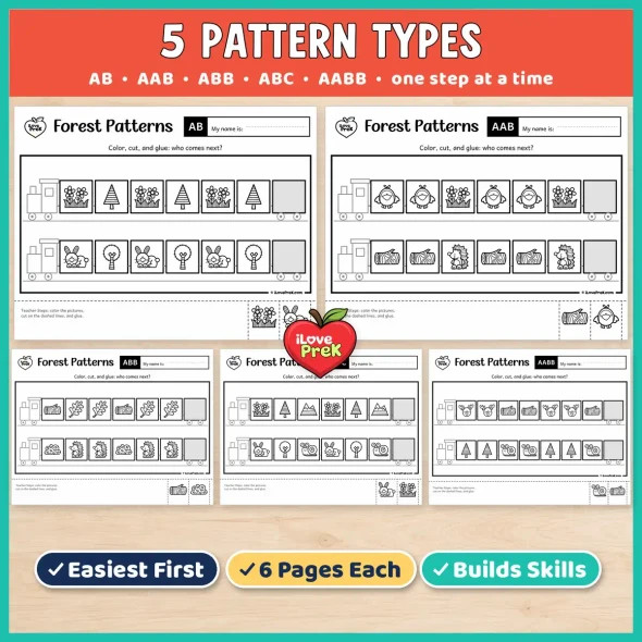 Five pattern types in the Forest preschool pack: AB, AAB, ABB, ABC and AABB, one step at a time.