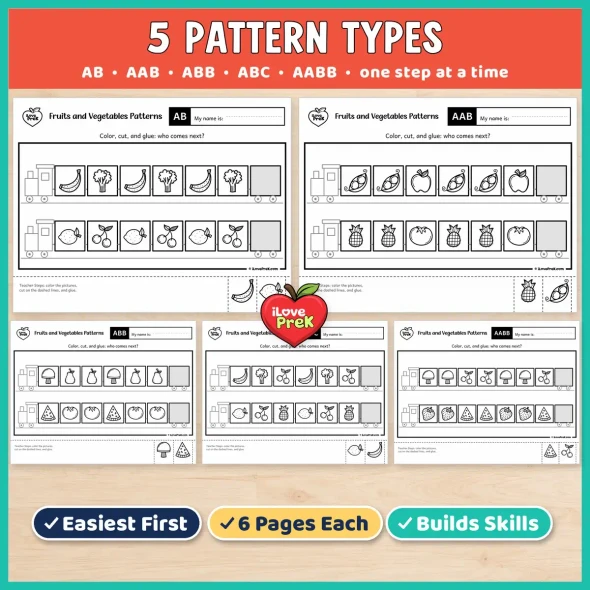 Five pattern types in the Fruits and Vegetables preschool pack: AB, AAB, ABB, ABC and AABB, one step at a time.
