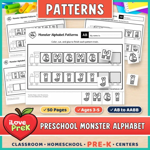 Monster Alphabet patterns for preschool and Pre-K: cut and paste pattern train pages from AB to AABB.