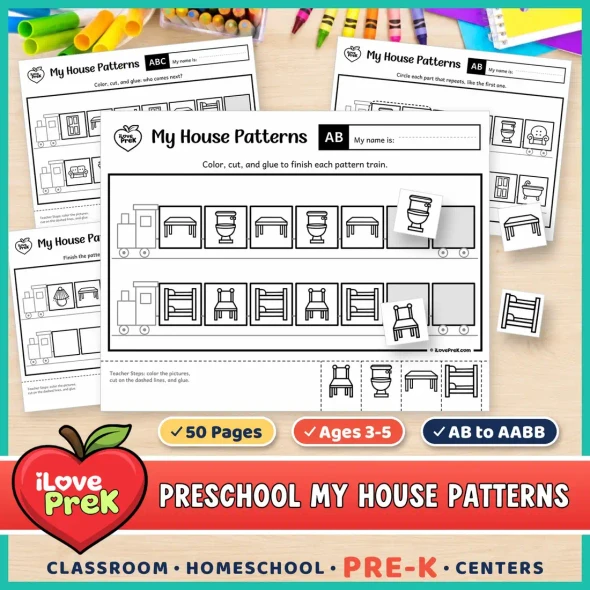 My House patterns for preschool and Pre-K: cut and paste pattern train pages from AB to AABB.