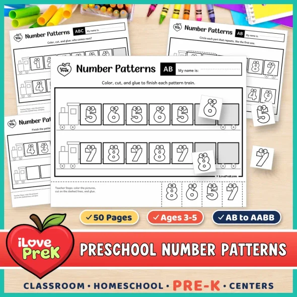 Number patterns for preschool and Pre-K: cut and paste pattern train pages from AB to AABB.