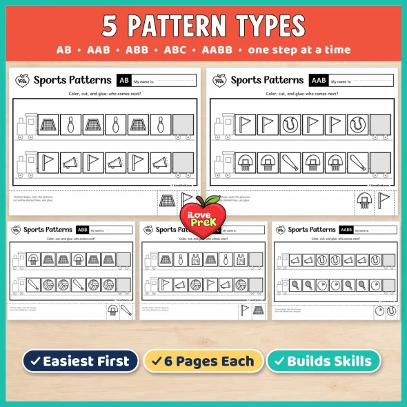 Five pattern types in the Sports preschool pack: AB, AAB, ABB, ABC and AABB, one step at a time.