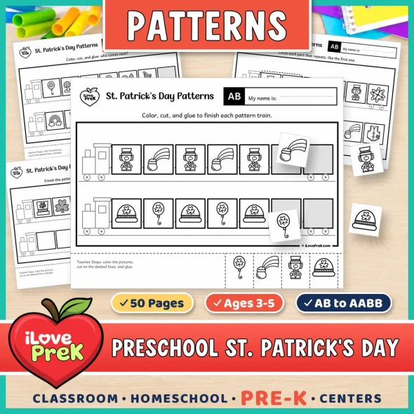 St. Patrick's Day patterns for preschool and Pre-K: cut and paste pattern train pages from AB to AABB.