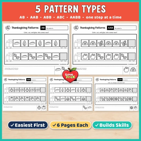 Five pattern types in the Thanksgiving preschool pack: AB, AAB, ABB, ABC and AABB, one step at a time.